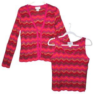Oscar de la Renta Cardigan & Tank Set Pink Zigzag Knit XS